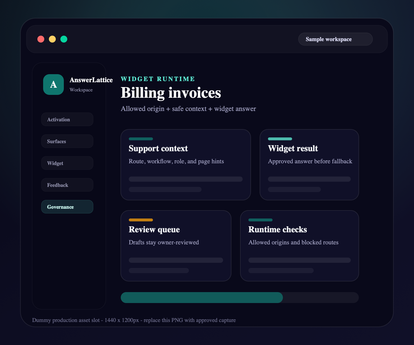 Sample AnswerLattice widget runtime screen showing billing support and widget controls